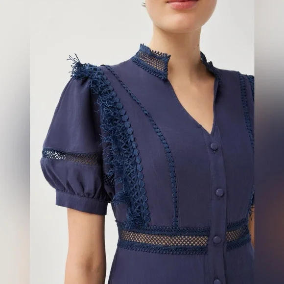 Navy Blue Lace Trim Dress - Picture 3 of 15